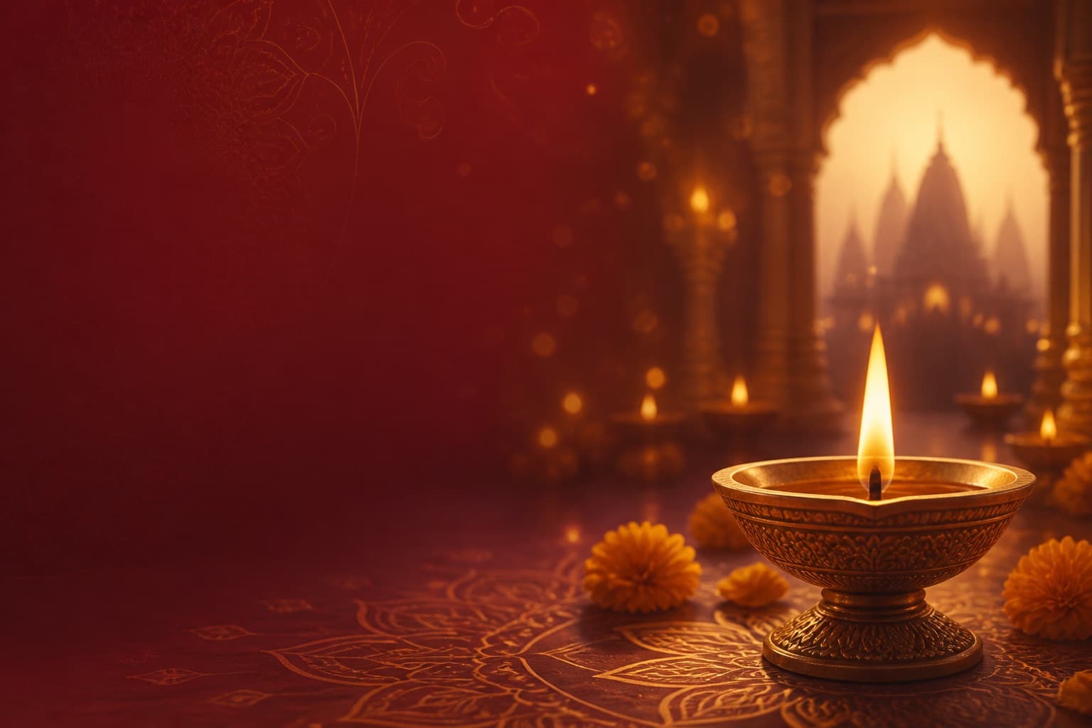 Warm saffron diya atmosphere — IndyPooja